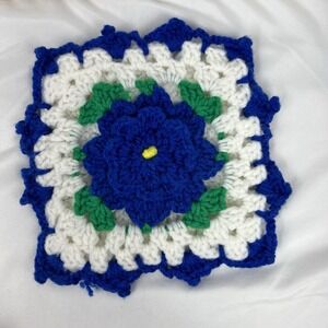 Handmade Crochet Floral Square Blue White Granny Square Vintage Cottagecore
